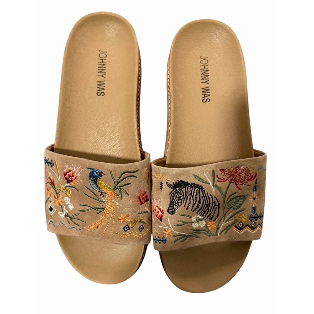 Johnny Was Watipaso Embroidered Suede Slide Sandals Multi Women's Size 9